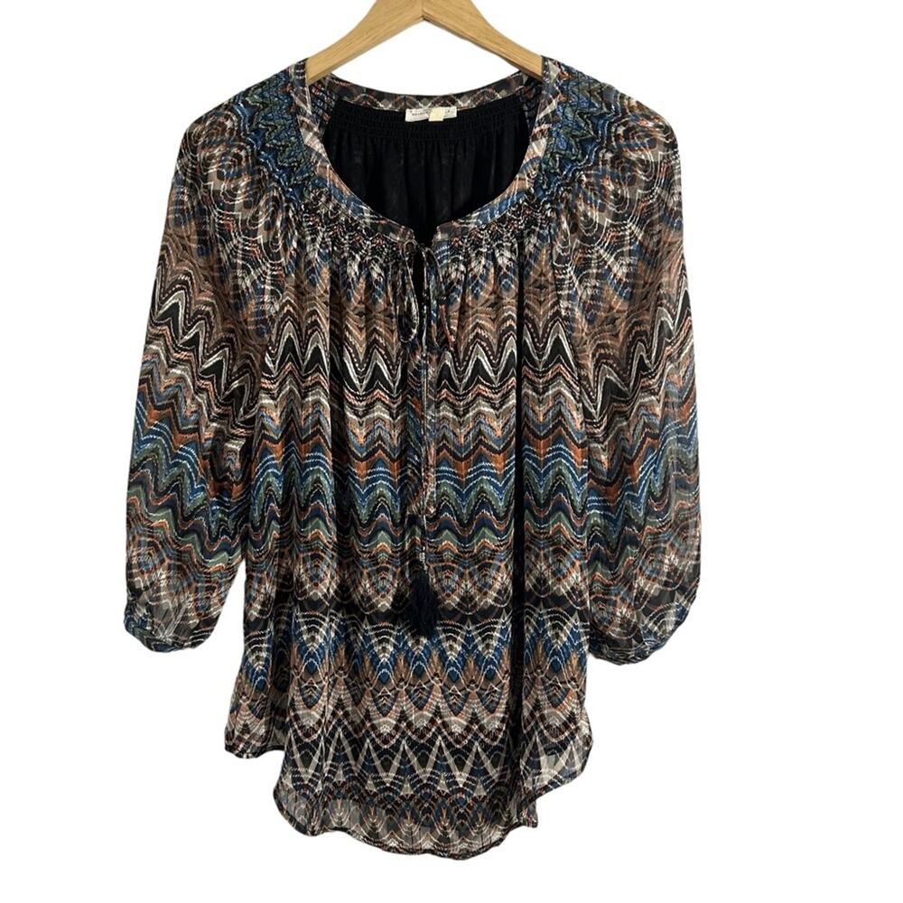 Anthropologie Meadow Rue Multicolor Zigzag Print Tie Front Boho Blouse, Size S